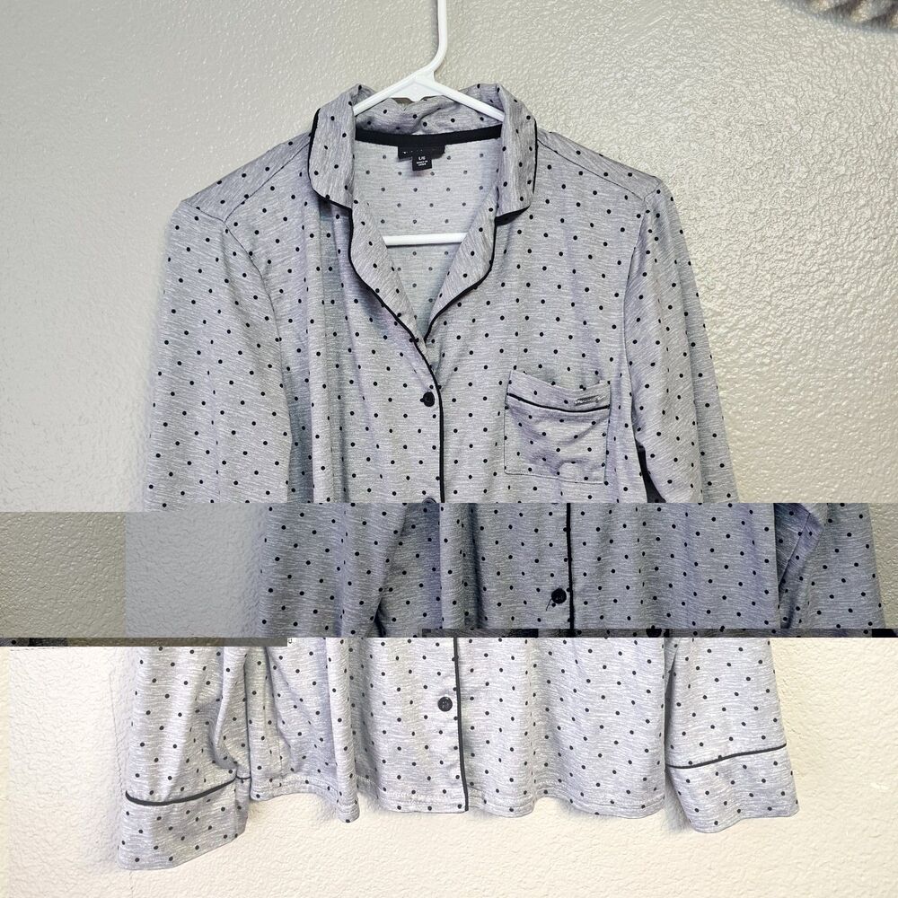 Tahari Pajama Set Women Sz L Gray Polka Dot Button Front Long Sleeve Lounge M768